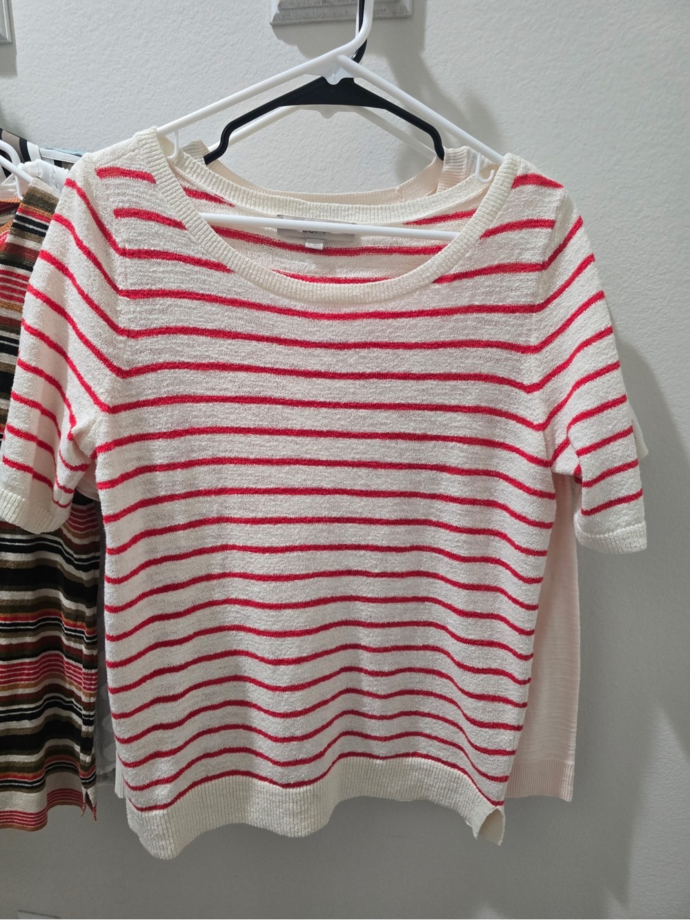 LOFT Cream Short Sleeve Crewneck Sweater with Pink Stripes
